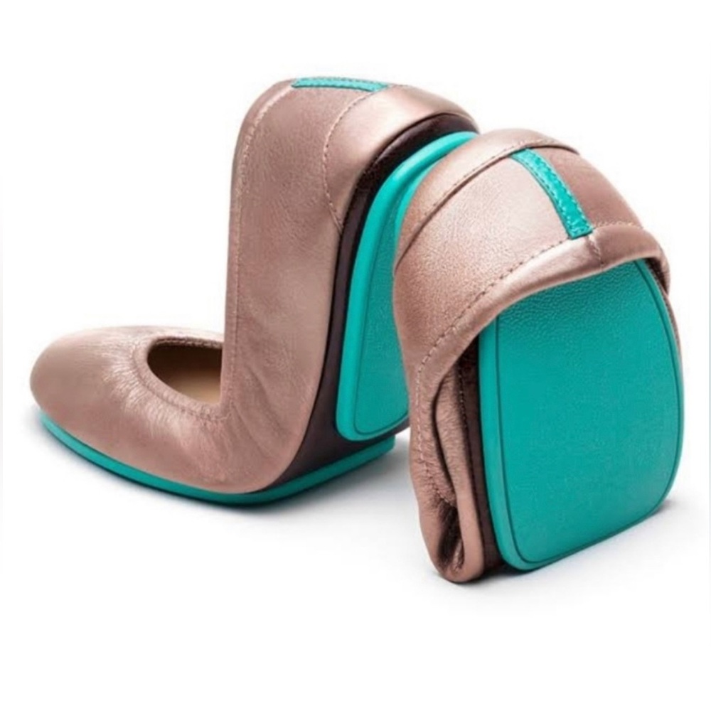 Tieks Foldable Ballet Flats in Rose Gold with Teal Soles